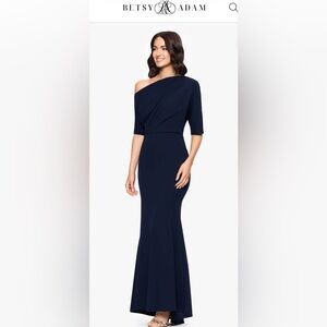 Betsy & Adam Off-Shoulder Navy Mermaid Gown